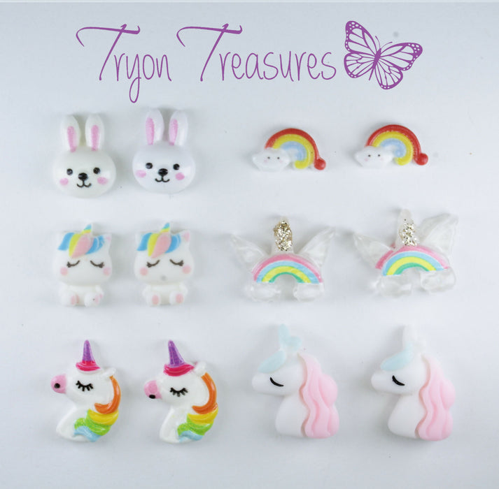 Unicorns Rainbows and Bunny Earrings Single or 6-pack Magnetic, Hypoallergenic Surgical Steel Stud or Clip-on