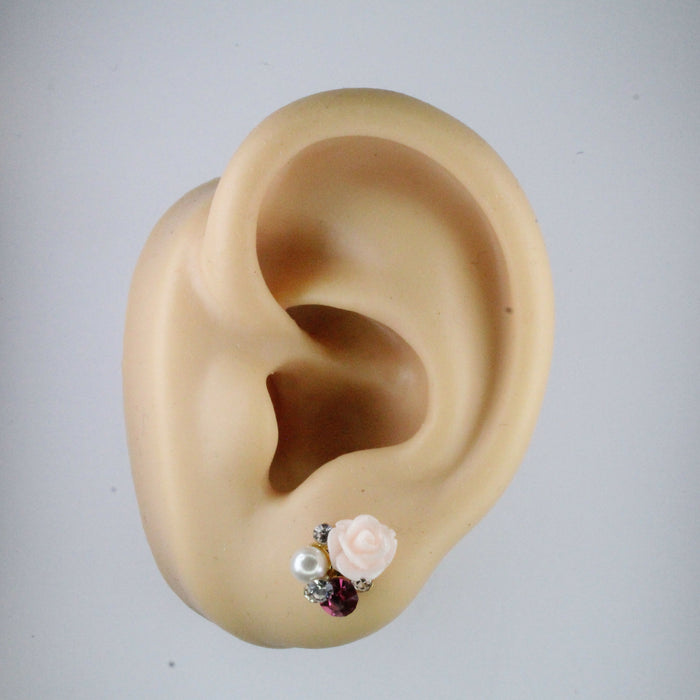 Elegant Rose Earrings single or 6-pack Magnetic, Hypoallergenic Surgical Steel Stud or Clip-on