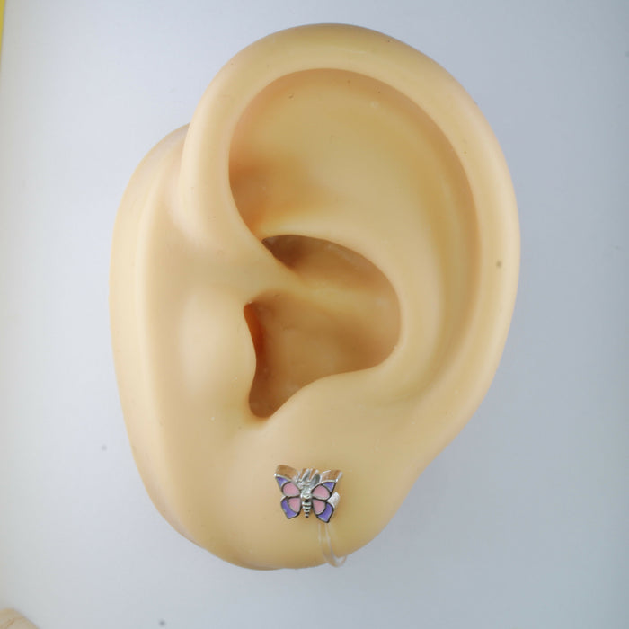 Tiny Pink with Purple Butterfly Earrings Magnetic, Hypoallergenic Stud or Clip-on.