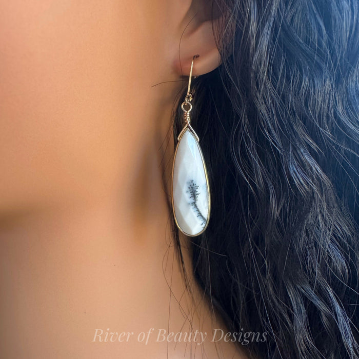Long Dendritic Opal Teardrop Earrings with Leverback Ear Wires