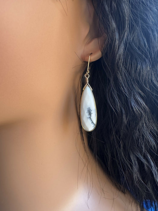 Long Dendritic Opal Teardrop Earrings with Leverback Ear Wires