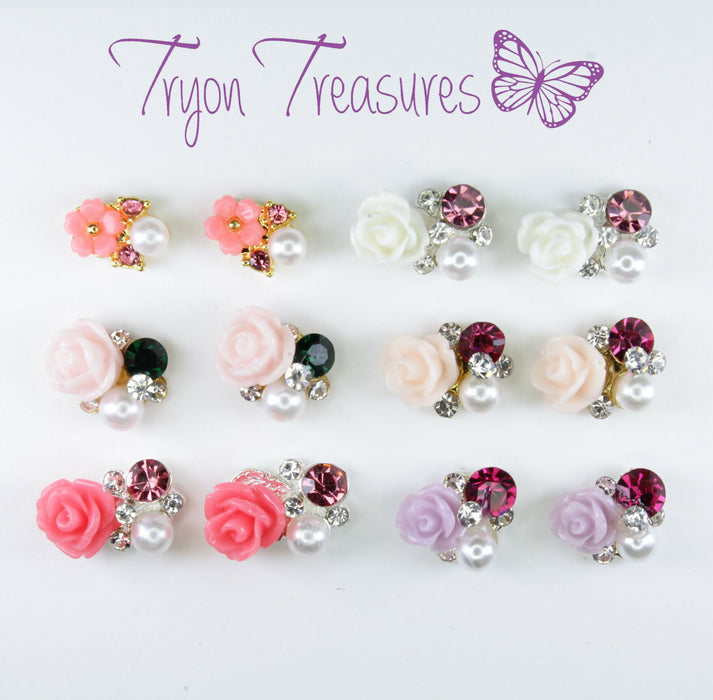 Elegant Rose Earrings single or 6-pack Magnetic, Hypoallergenic Surgical Steel Stud or Clip-on