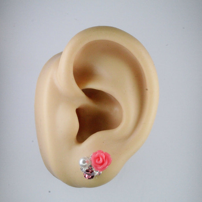 Elegant Rose Earrings single or 6-pack Magnetic, Hypoallergenic Surgical Steel Stud or Clip-on