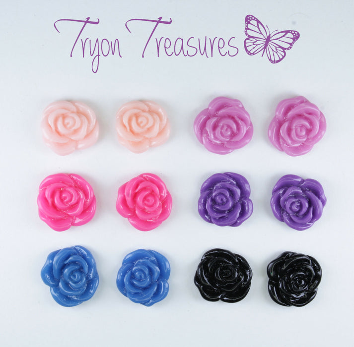 Rose Earrings: single or 6-pack, Magnetic, Hypoallergenic Surgical Steel Stud or Clip-on
