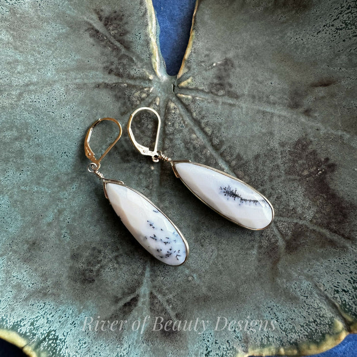 Long Dendritic Opal Teardrop Earrings with Leverback Ear Wires
