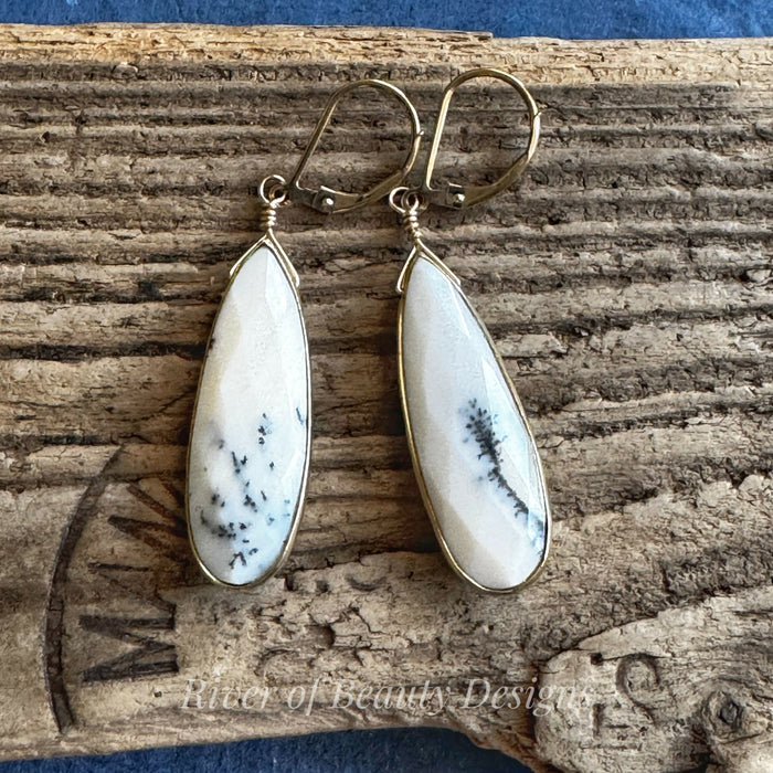 Long Dendritic Opal Teardrop Earrings with Leverback Ear Wires