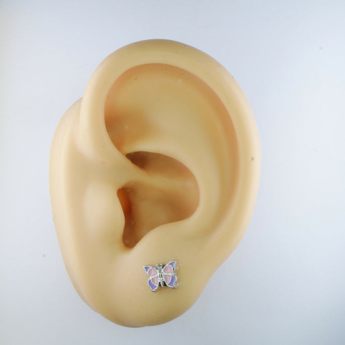 Tiny Pink with Purple Butterfly Earrings Magnetic, Hypoallergenic Stud or Clip-on.