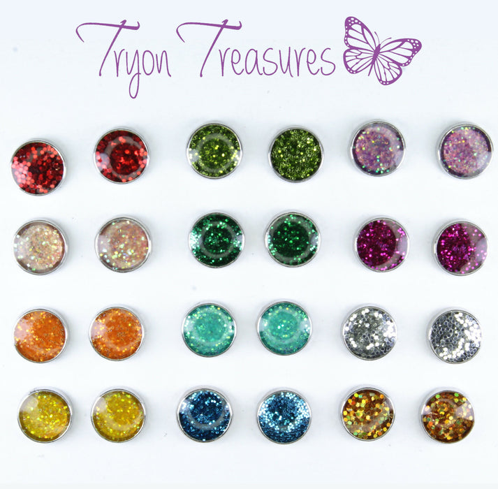 A pair of Sparkling Glitter Birthstone Charm Earrings in 12 colors Magnetic, Hypoallergenic Stud or Clip-on