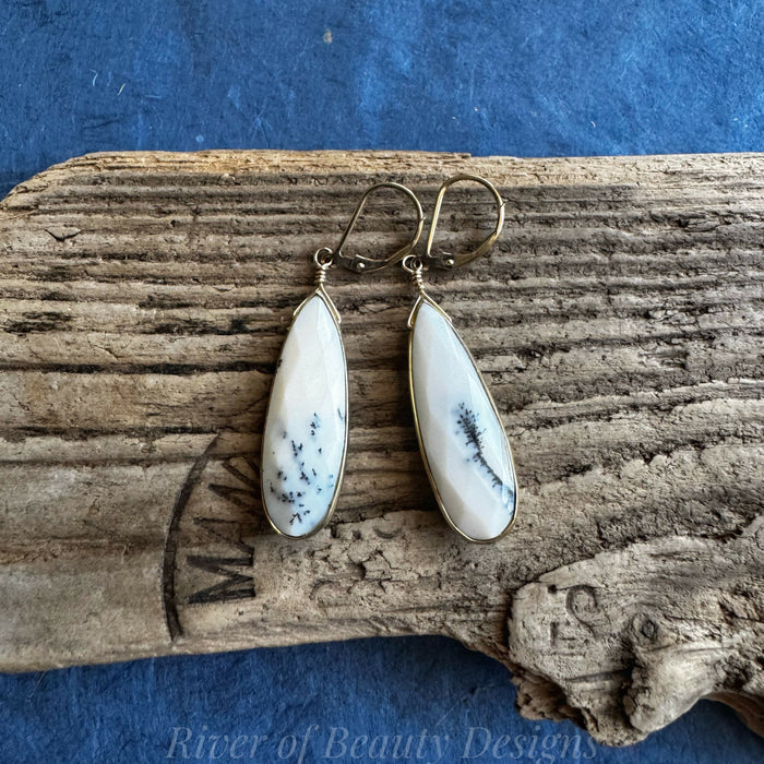 Long Dendritic Opal Teardrop Earrings with Leverback Ear Wires