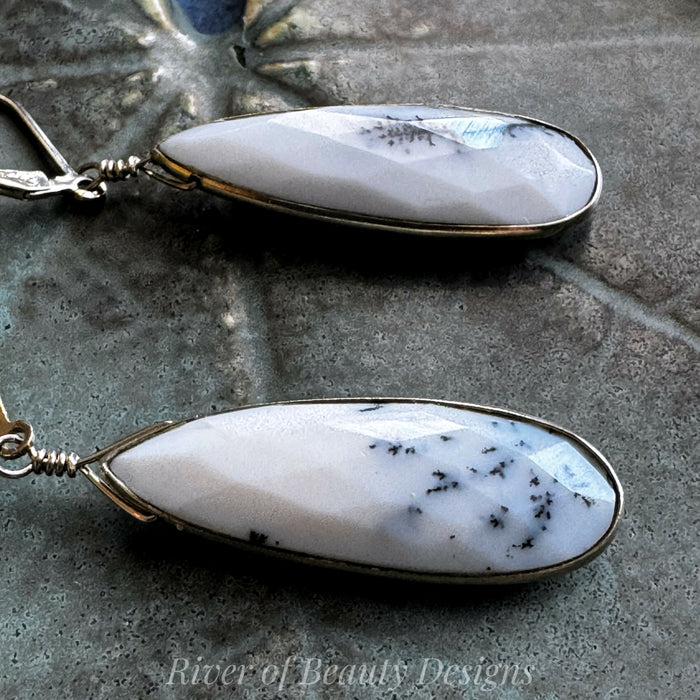 Long Dendritic Opal Teardrop Earrings with Leverback Ear Wires